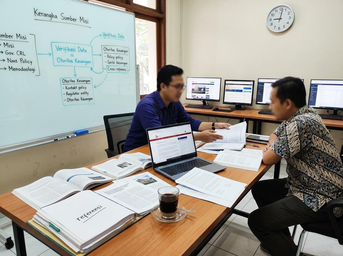 Tim redaksi belajar keuangan berdiskusi di sekitar meja dengan tumpukan rujukan terbuka