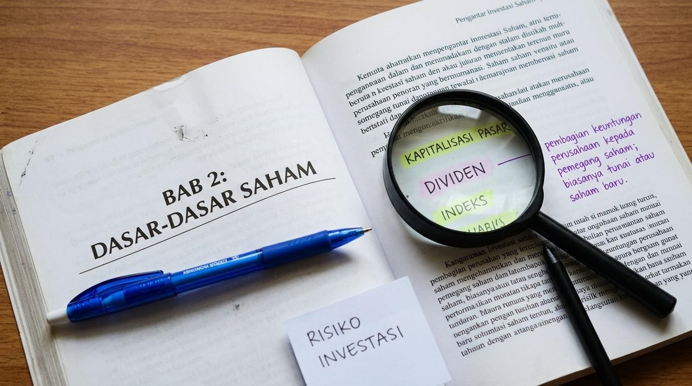 Halaman buku referensi tentang dasar saham dengan anotasi pada istilah dividen