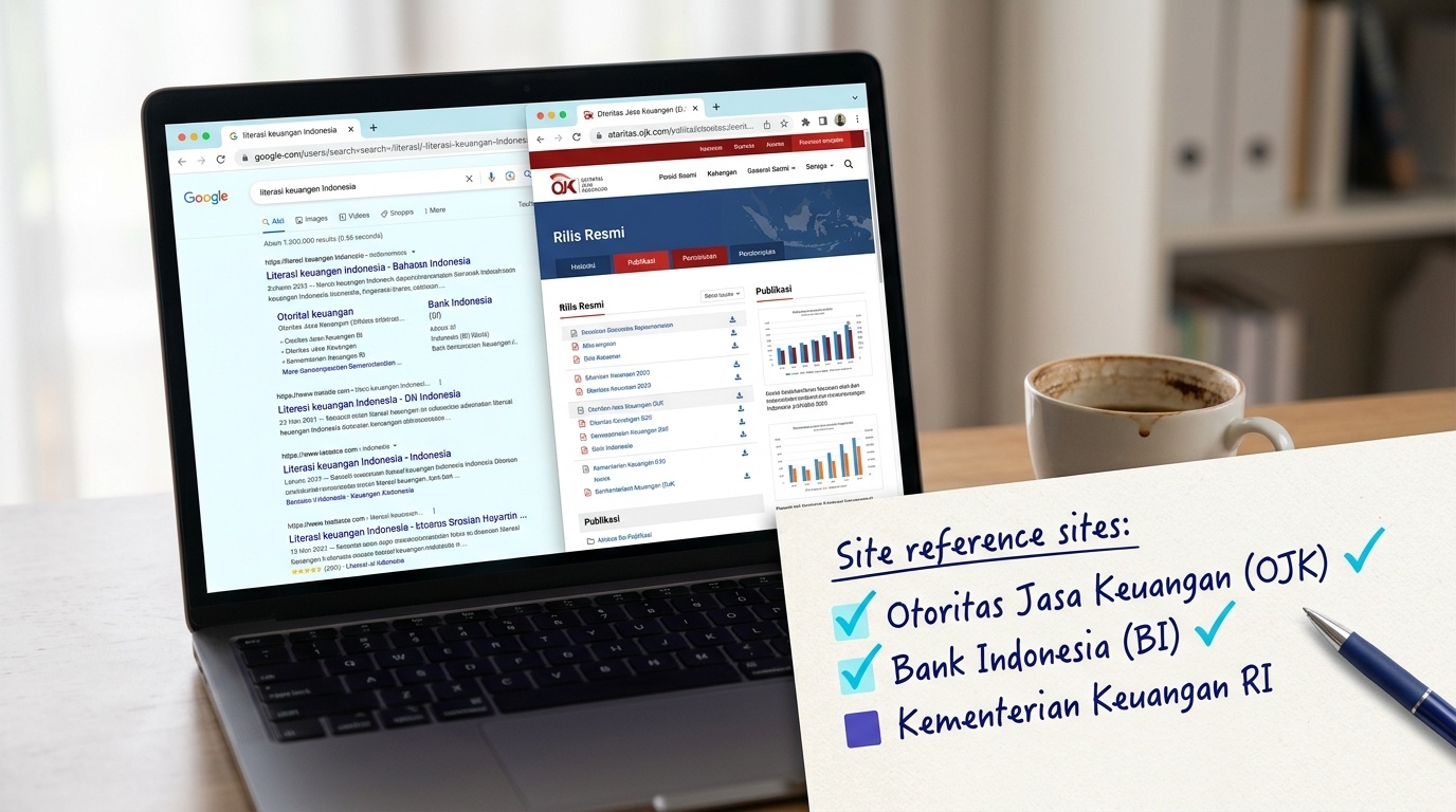 Layar laptop menampilkan daftar situs rujukan dengan satu halaman dibuka untuk diverifikasi