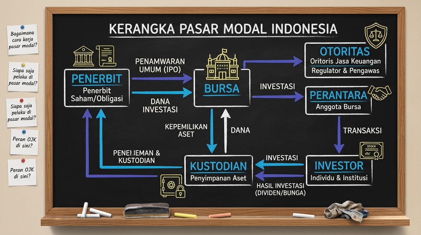 Diagram kerangka pasar modal pada papan tulis untuk keperluan belajar